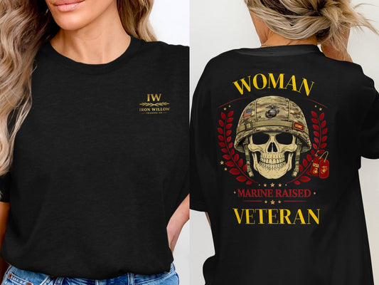 Woman Marine Raised Veteran Skull Graphic Shirt