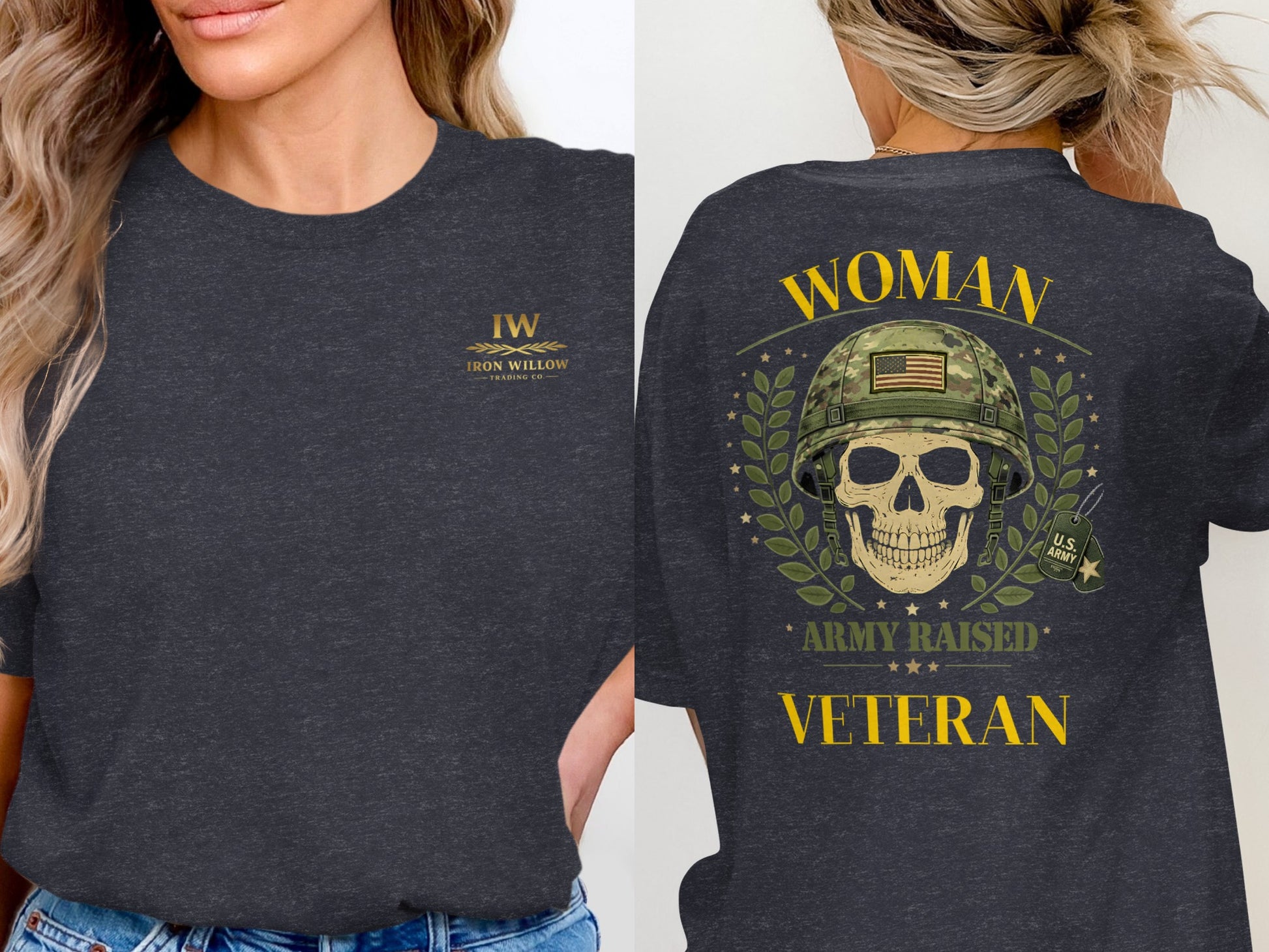 Woman Army Raised Veteran Skull Graphic T-Shirt