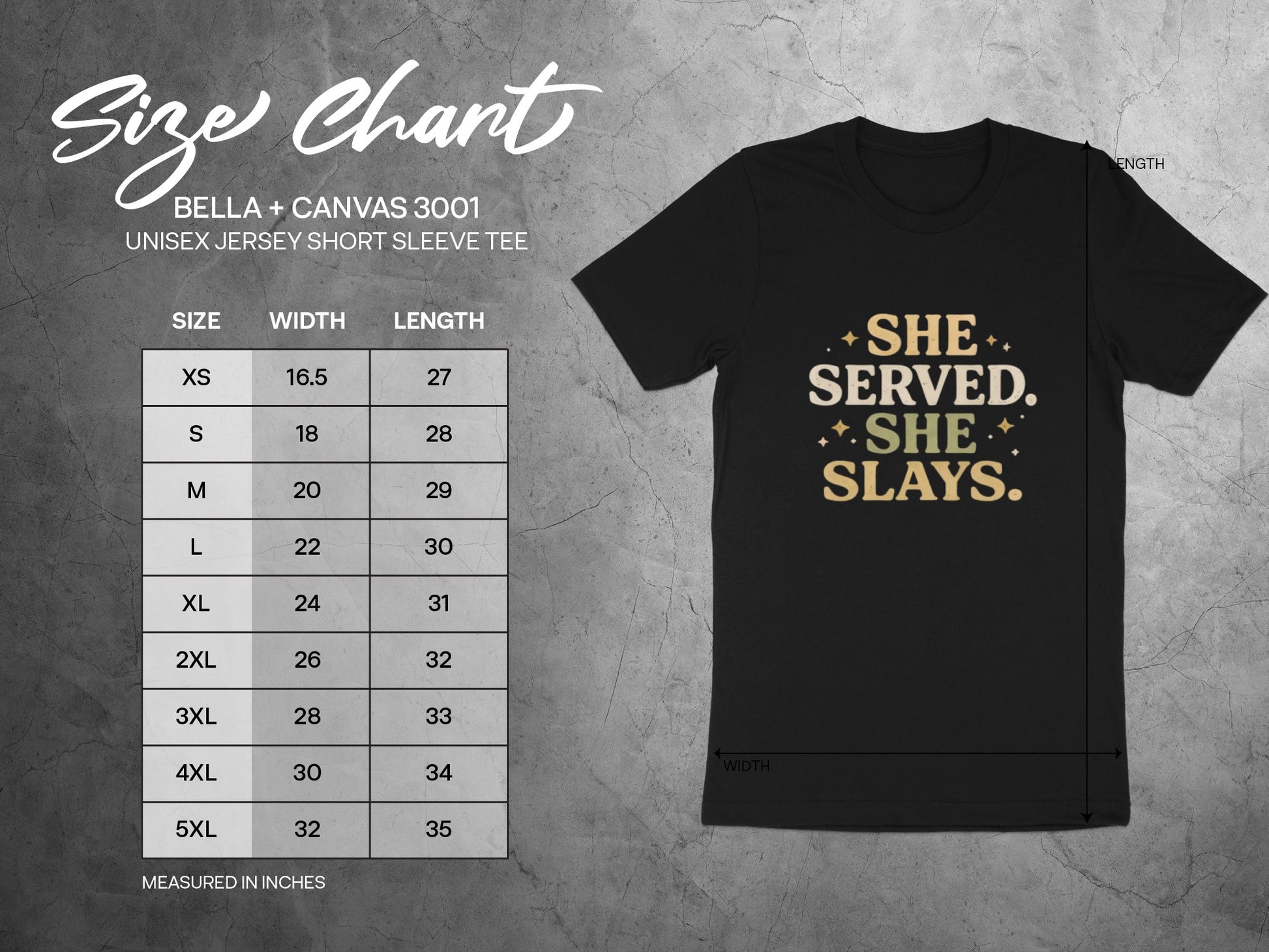 She Served She Slays Women's T-Shirt With Size Chart