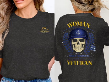 Woman Navy Raised Veteran Skull Design T-Shirt