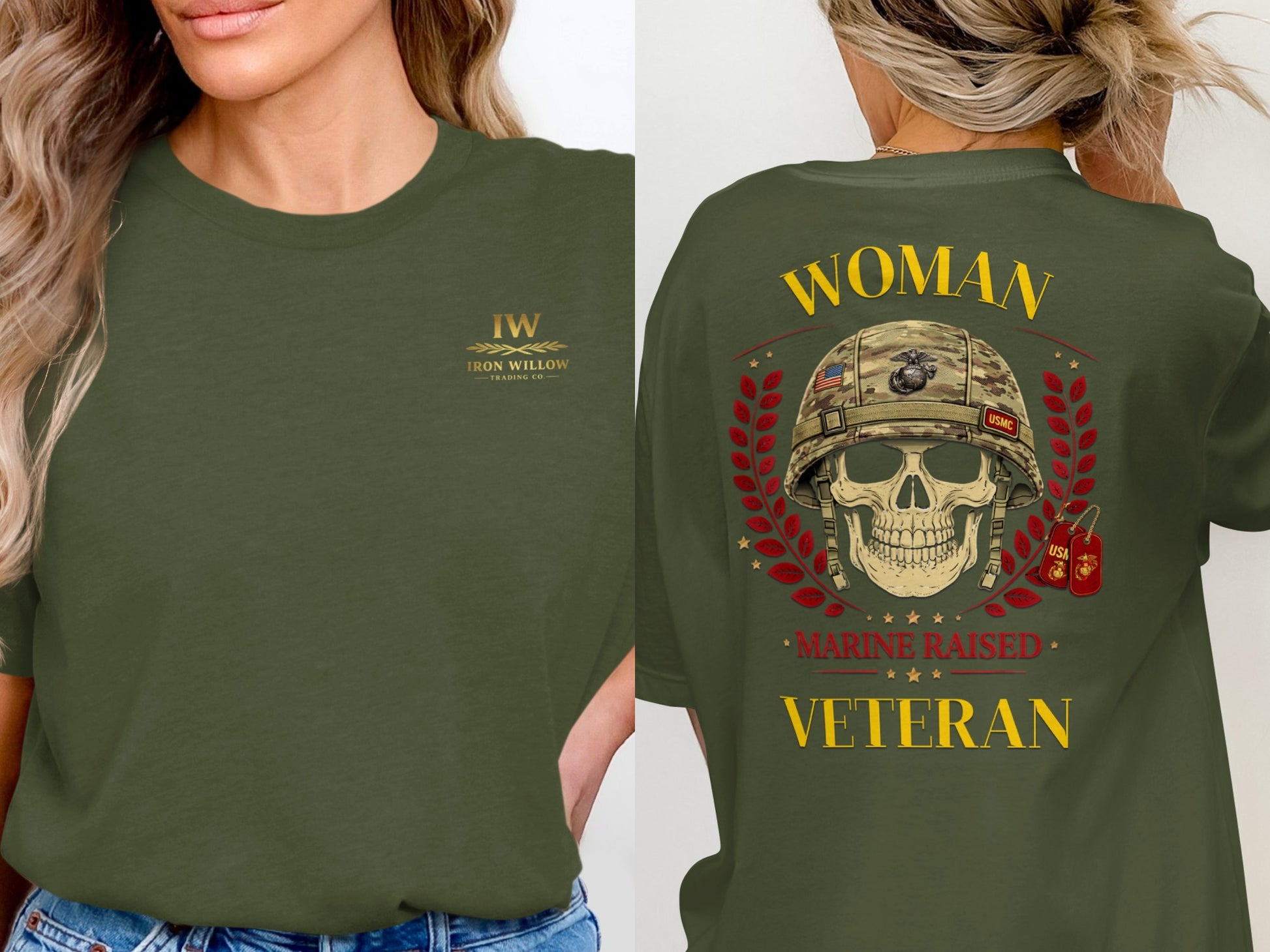 Woman Marine Raised Veteran Skull Graphic T-Shirt