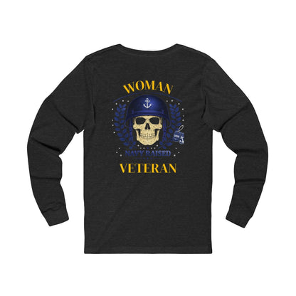 Woman Veteran Navy Raised Skull Graphic Long Sleeve Shirt