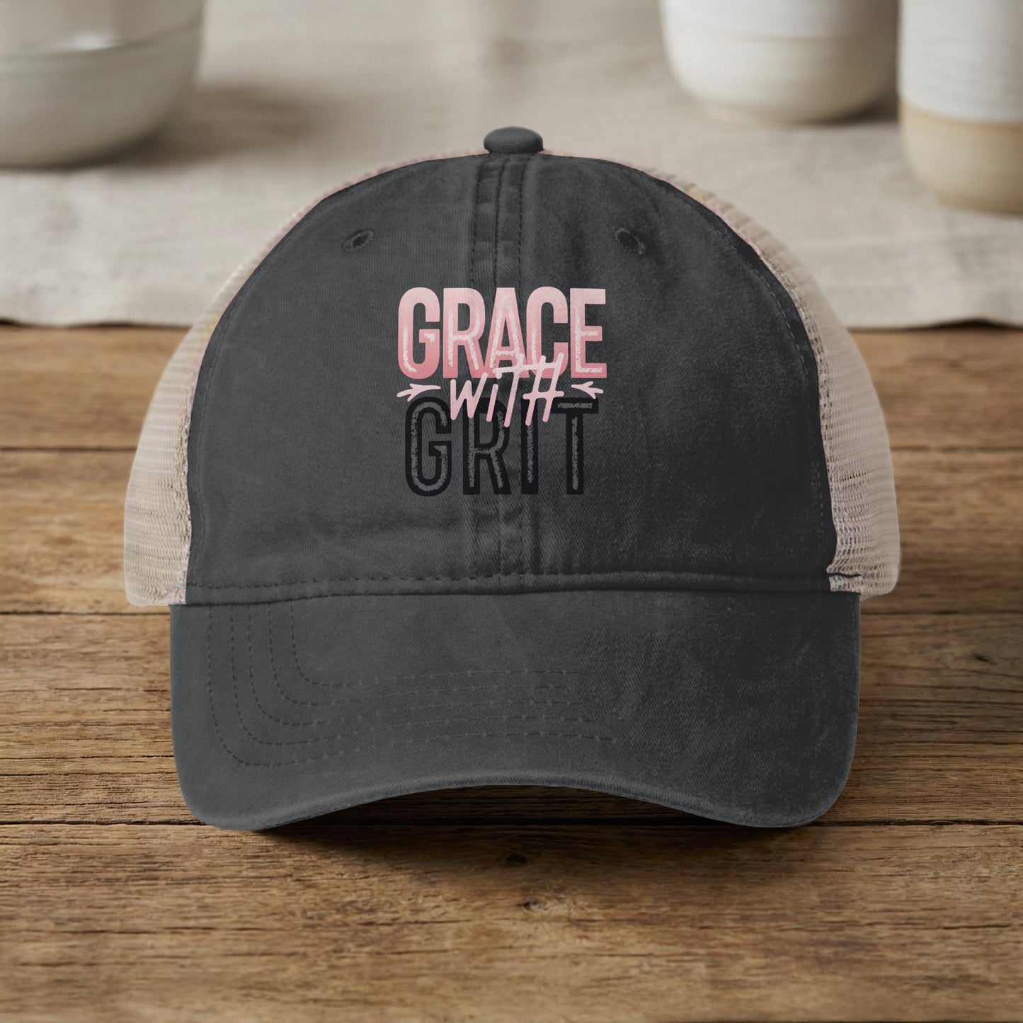 Grace With Grit Distressed Black Trucker Hat