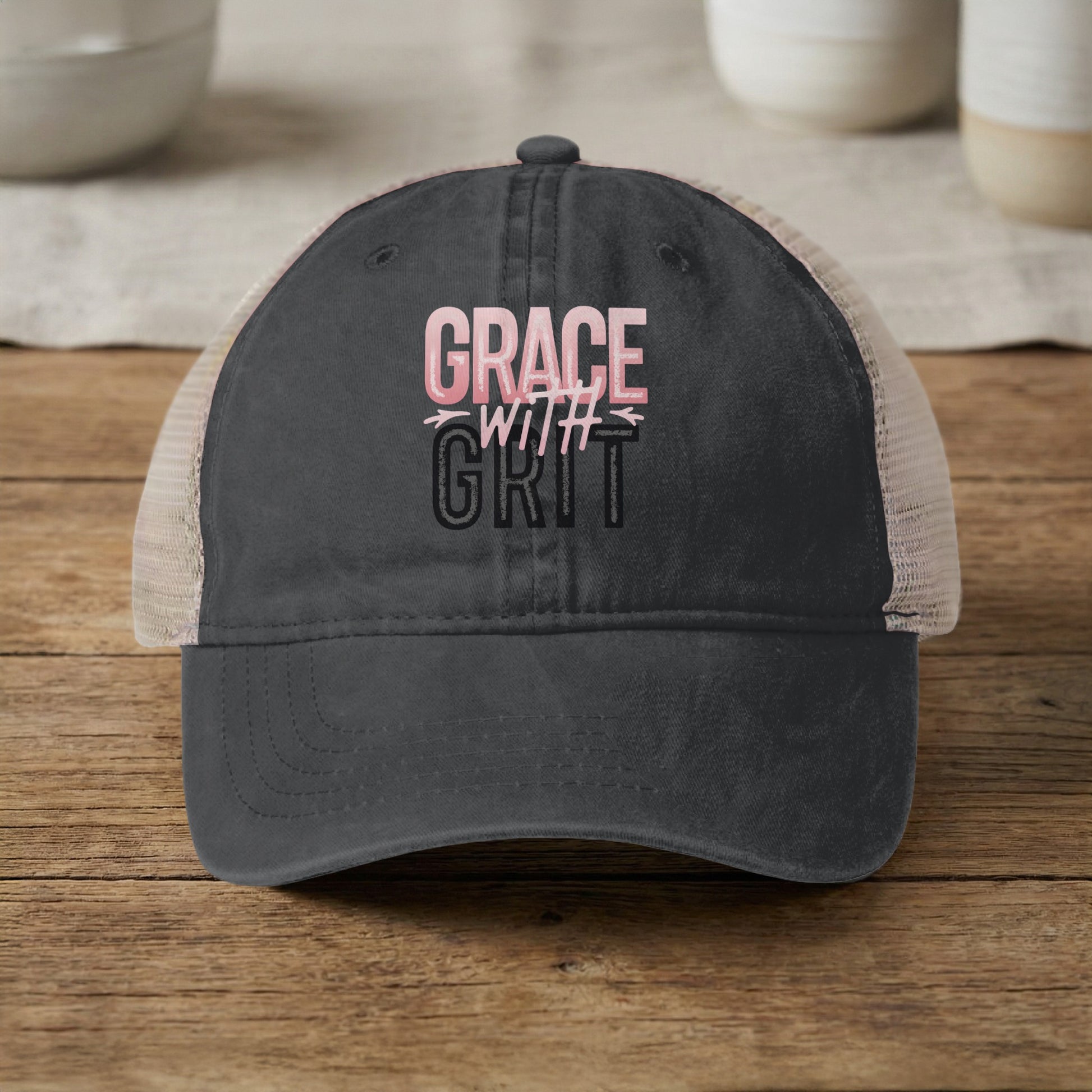 Grace With Grit Distressed Black Trucker Hat