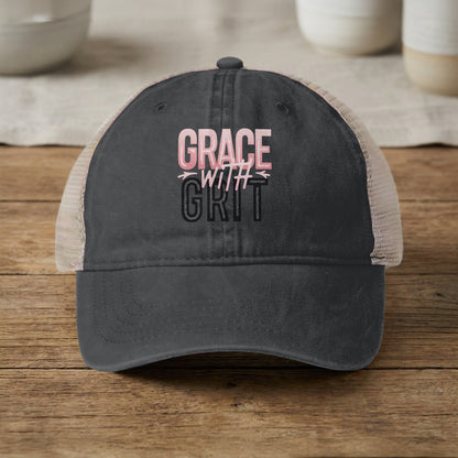 Grace With Grit Distressed Black Trucker Hat
