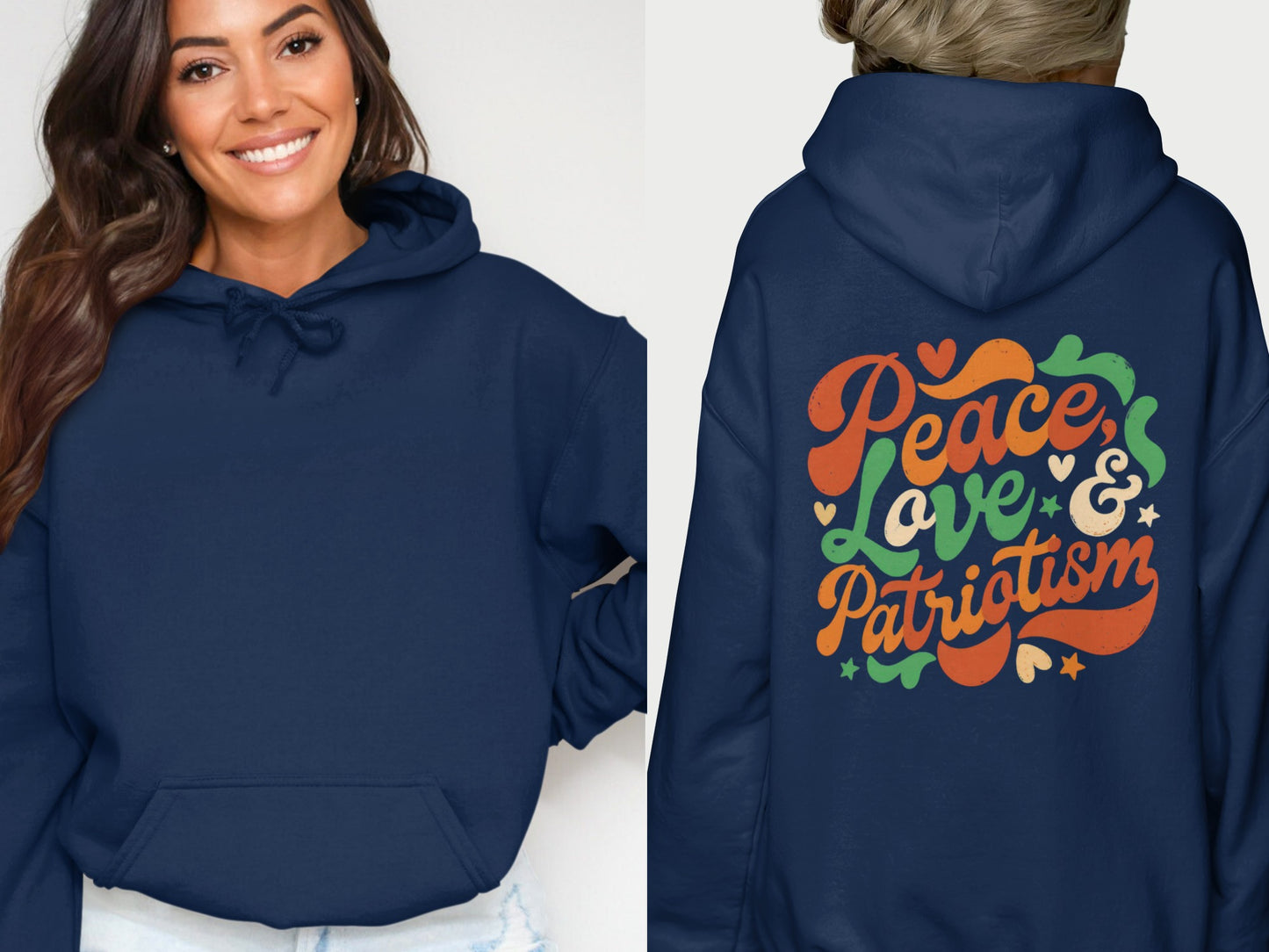 Peace Love & Patriotism Hoodie Colorful Graphic Design