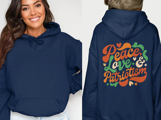 Peace Love & Patriotism Hoodie Colorful Graphic Design