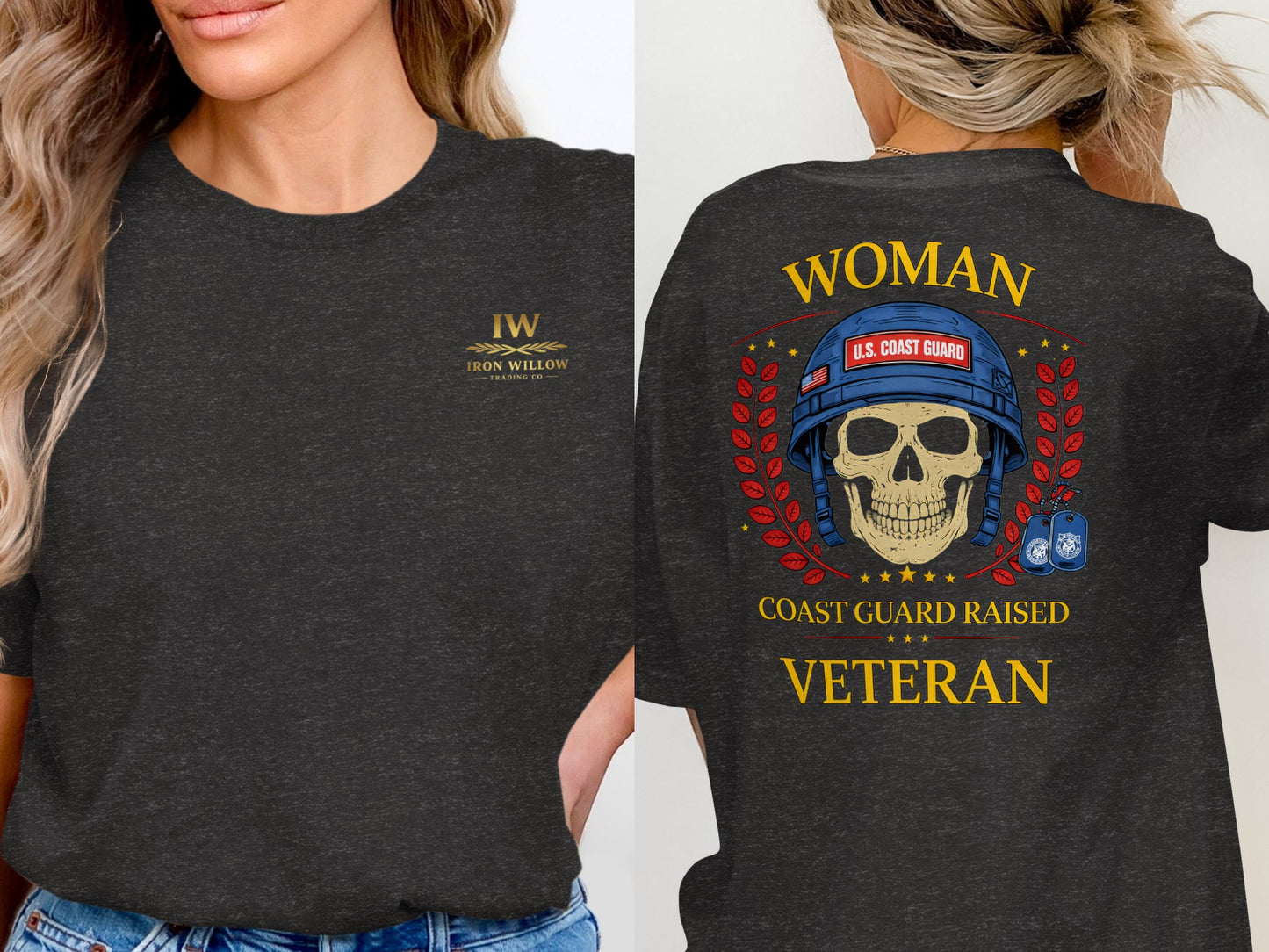 Woman Coast Guard Raised Veteran T-shirt with Skull Design