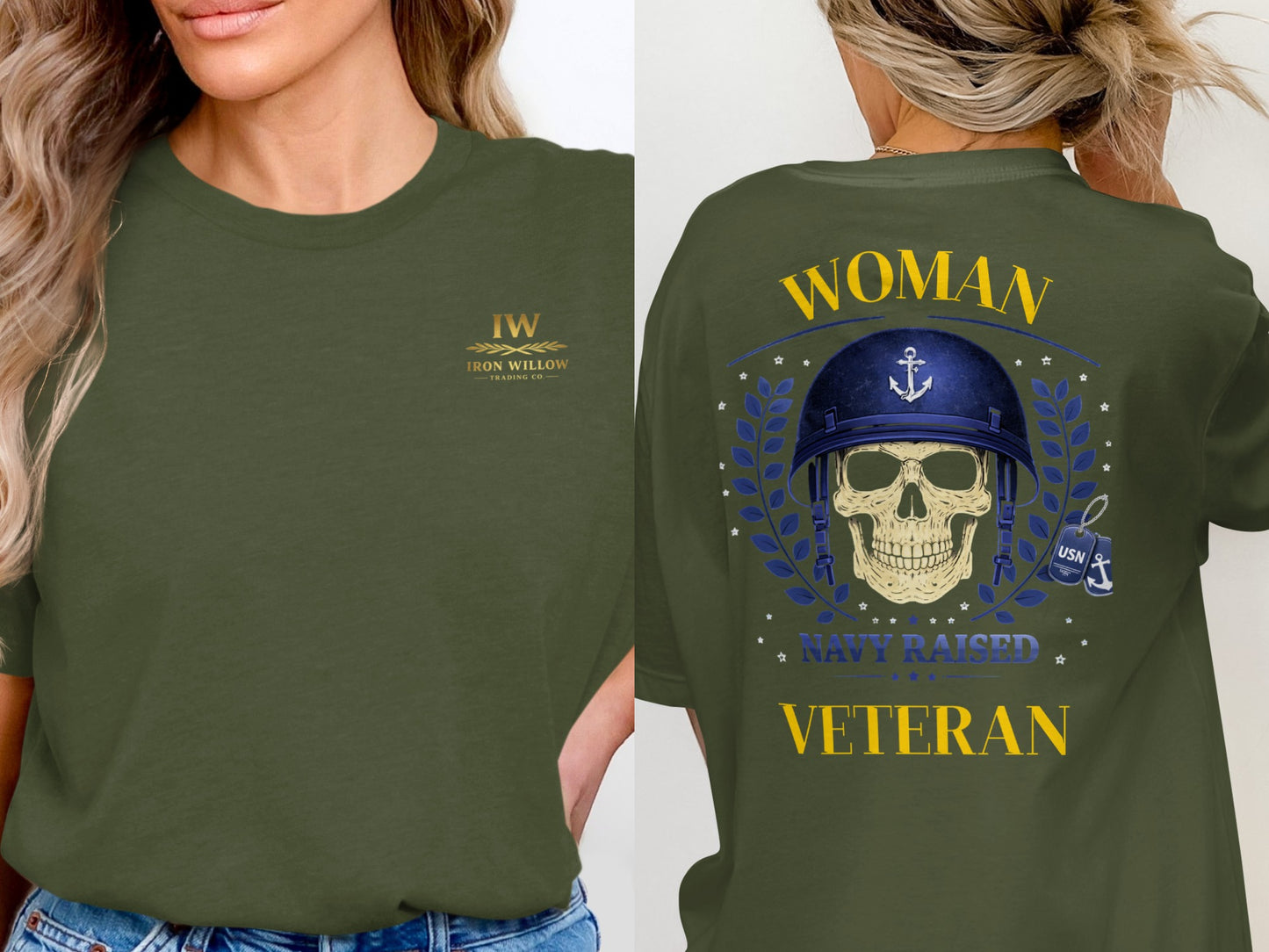 Woman Navy Raised Veteran Skull Graphic T-shirt