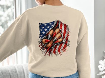 American Flag with Ripped Design Long Sleeve Top