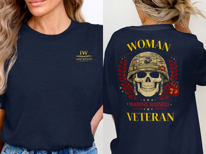 Woman Marine Raised Veteran with Skull Graphic Shirt