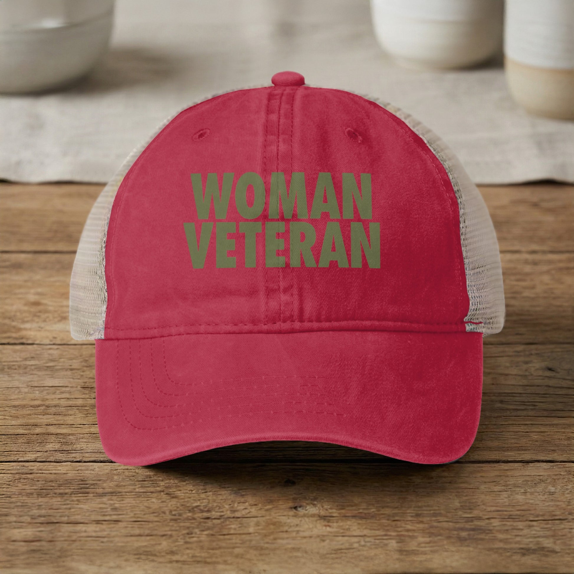 Woman Veteran Text Design Red Trucker Hat Product