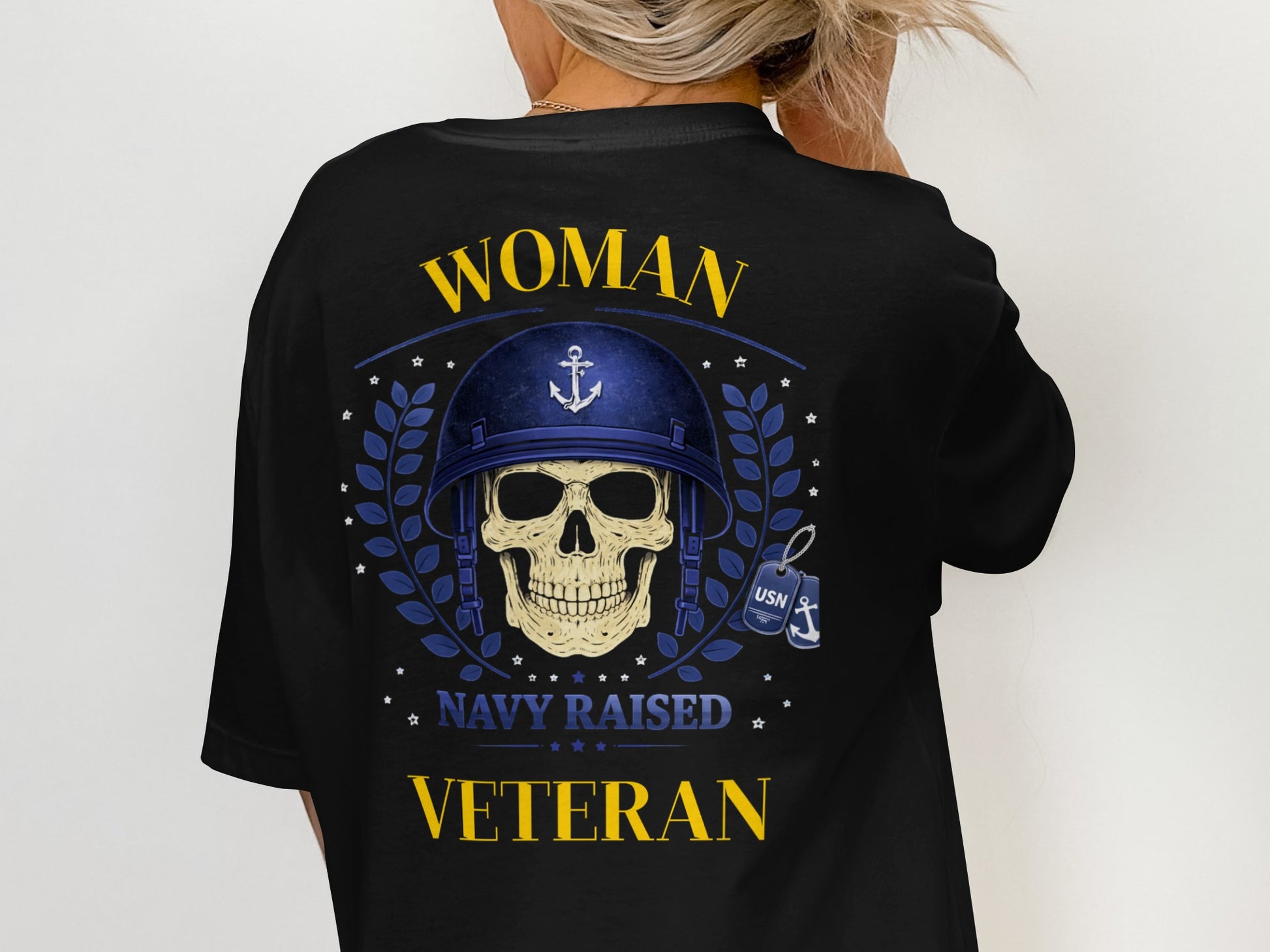 Woman Navy Raised Veteran Skull Design Shirt