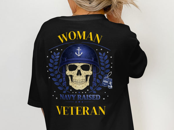 Woman Navy Raised Veteran Skull Design Shirt