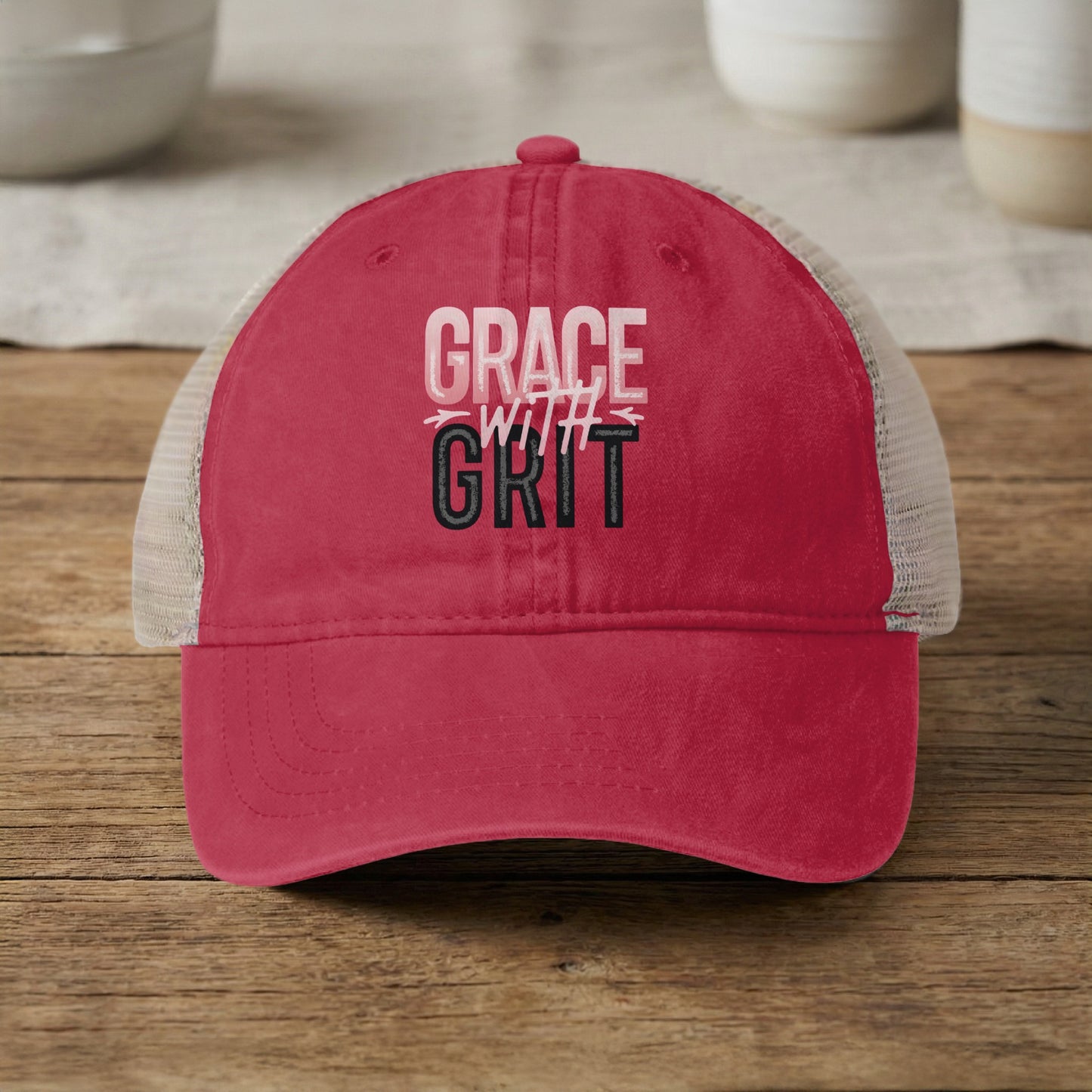 Grace With Grit Red and White Trucker Hat