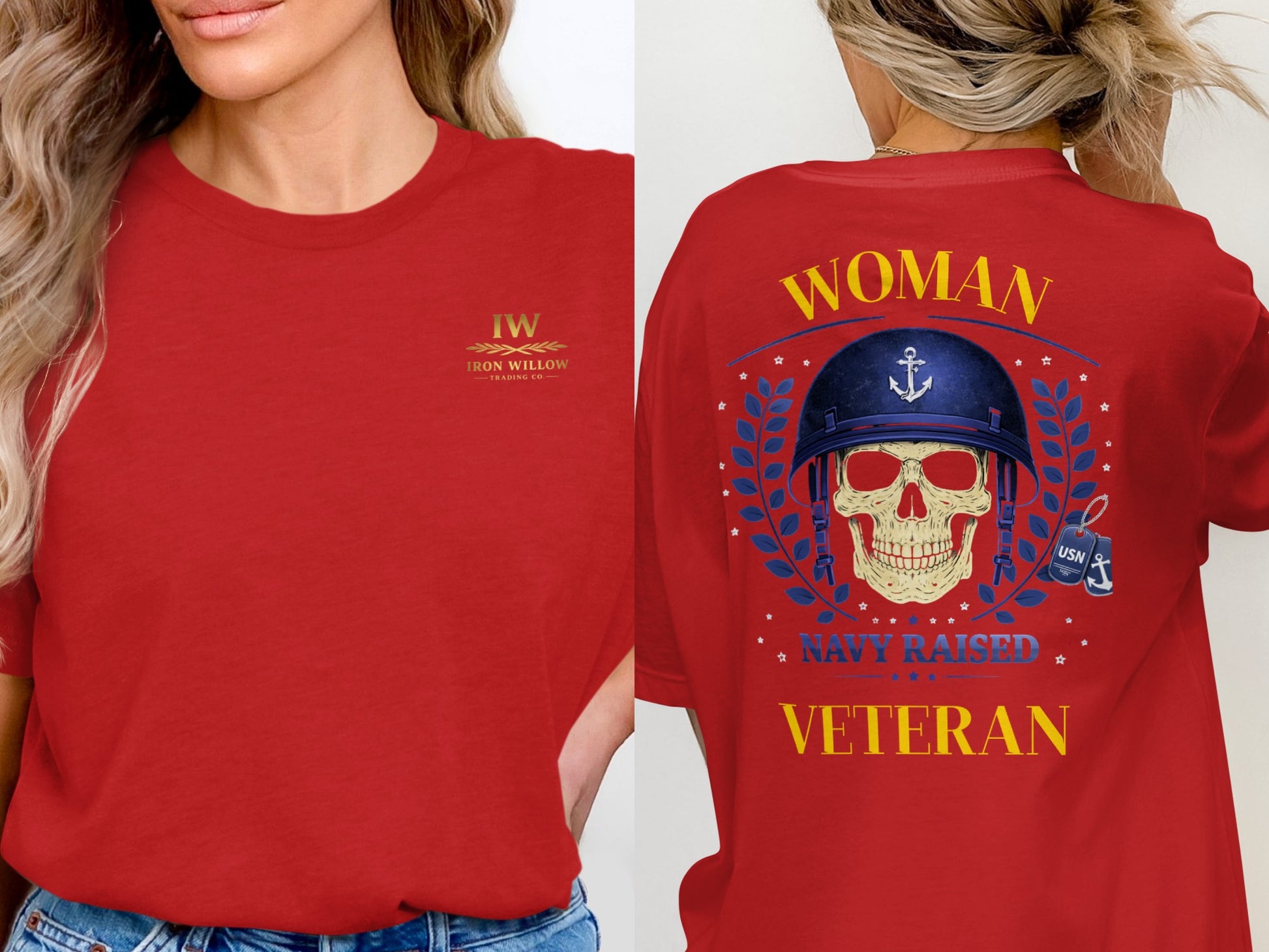 Woman Navy Raised Veteran T-shirt With Skull Design