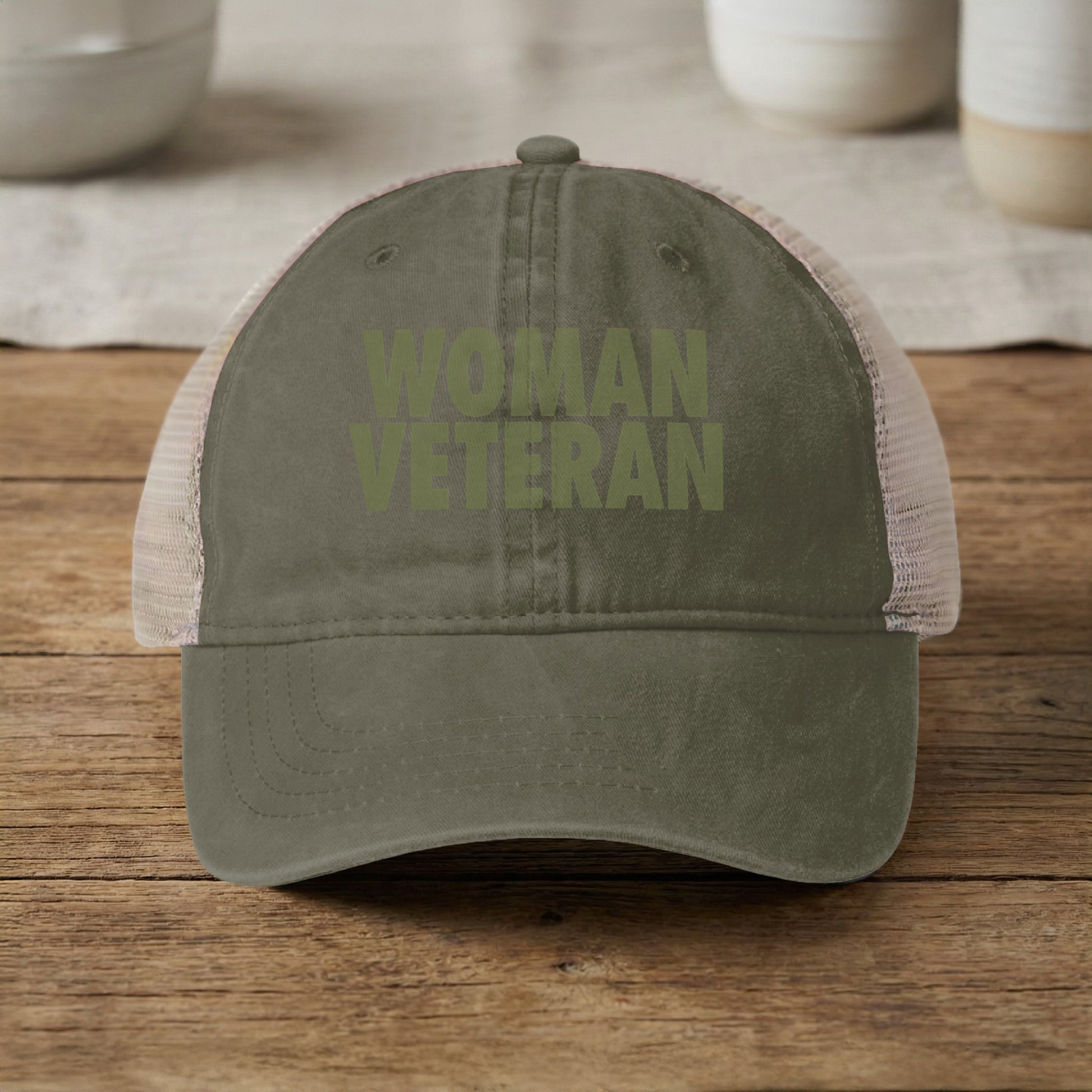 Woman Veteran Text Printed Curved Brim Green Hat