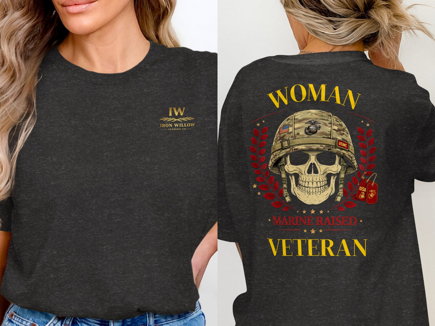 Woman Veteran Marine Raised Skull Graphic T-Shirt