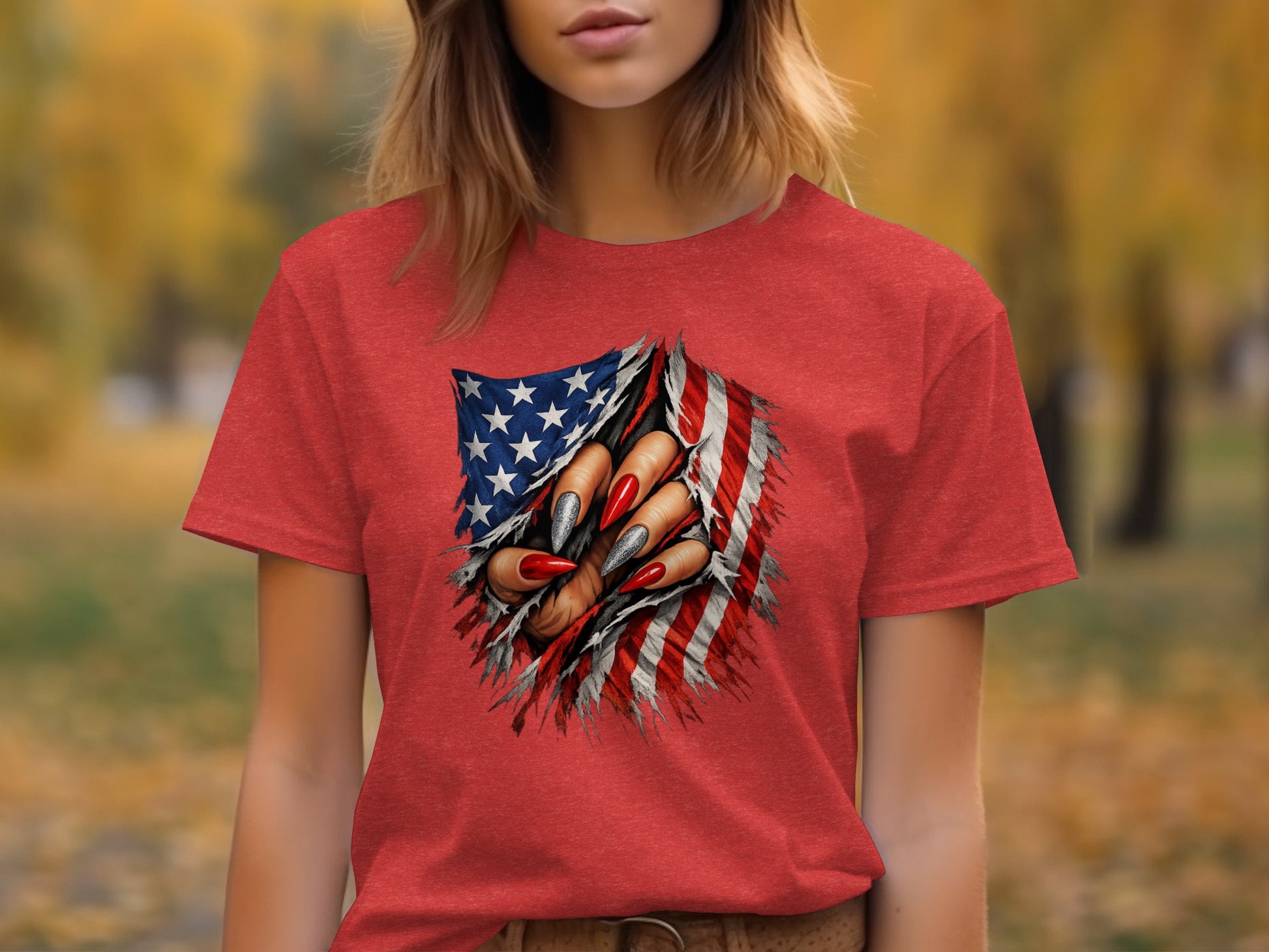 American Flag Nail Art Graphic T-Shirt for Women
