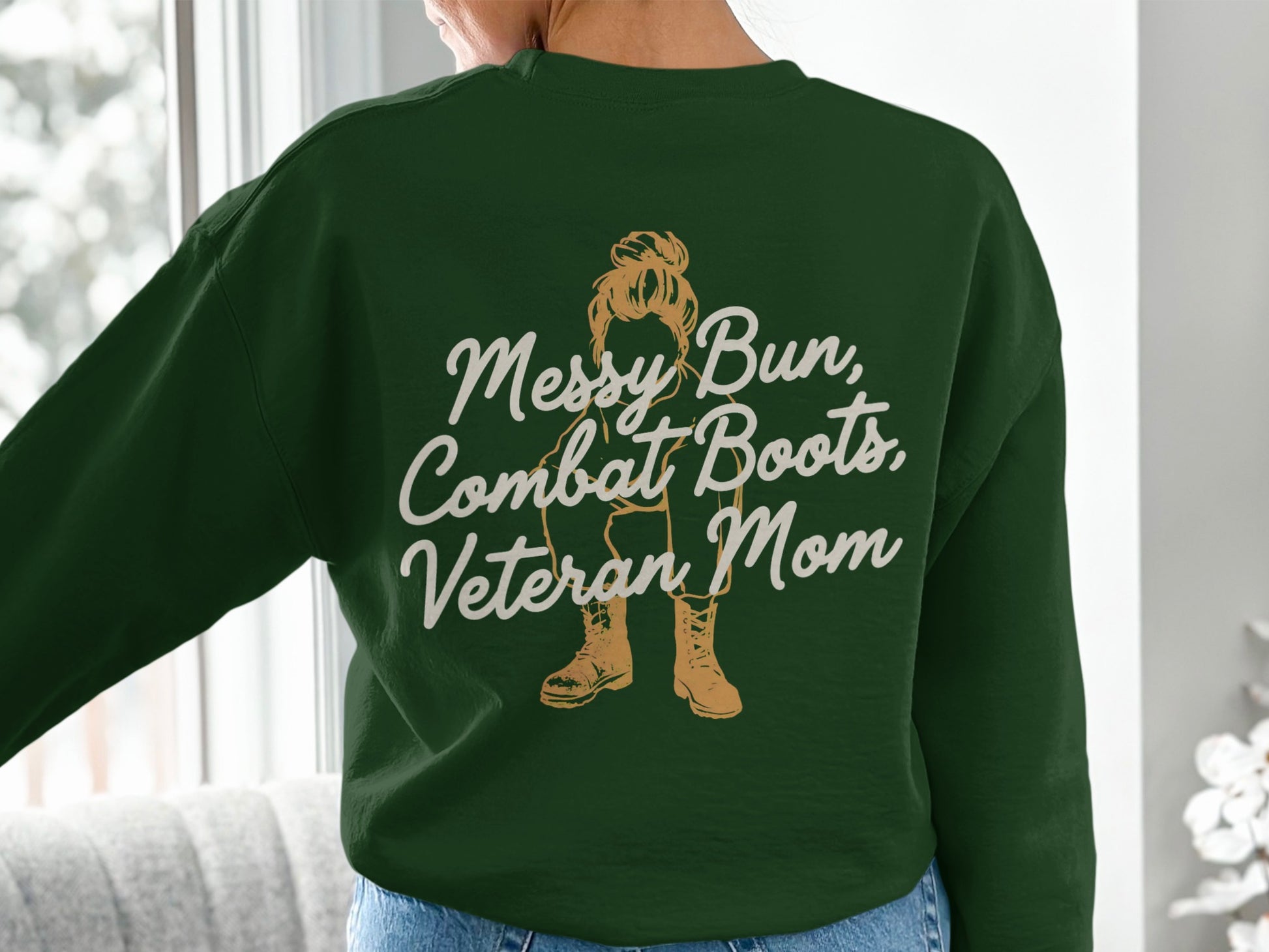 Messy Bun Combat Boots Veteran Mom Sweatshirt